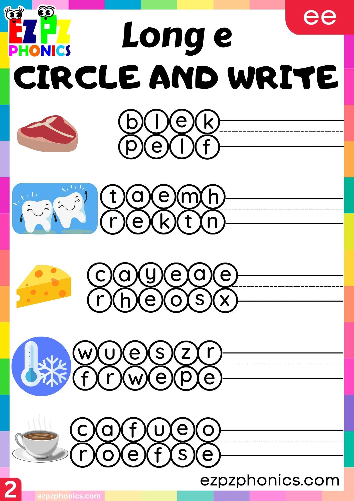 Group2 EE Words Circle And Write Long E Phonics Worksheet